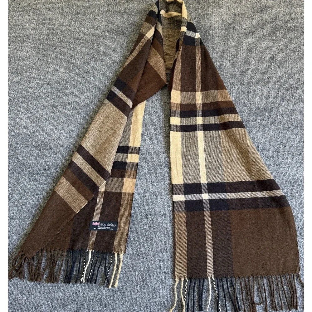 Scottish Cashmere Scarf Womens One Size Beige Check Fringe Made In Scotland